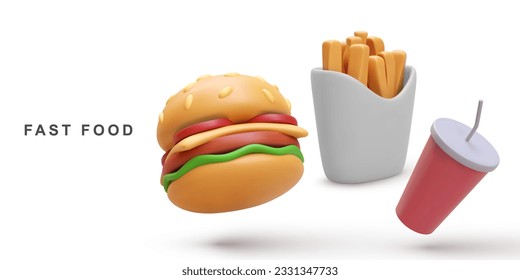 3d realistic Hamburger and soda, fries potatoes on white background. Vector illustration.