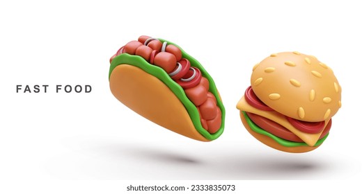 3d realistic Hamburger and Taco on white background. Vector illustration.