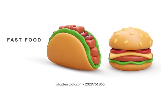 3d realistic Hamburger and Taco. Vector illustration.