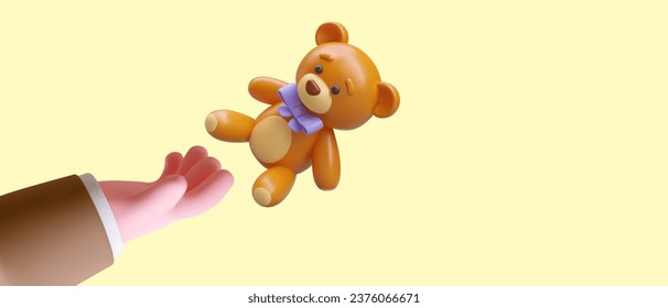 3d mano realista sosteniendo un oso de peluche lindo. 3d juguetes realistas para niños. Afiche horizontal para tienda web con fondo amarillo y lugar para texto. Ilustración del vector