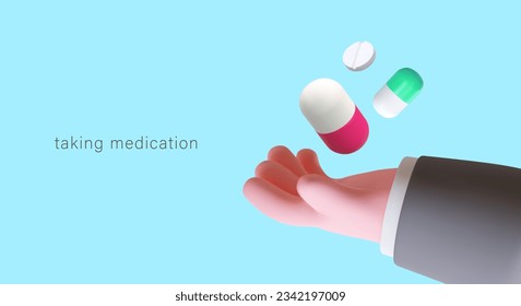 3d realistic hand holding different pills. Time to take medicine. Medical poster, advertising campaign for private clinic. Pharmacy drugs concept. Vector illustration