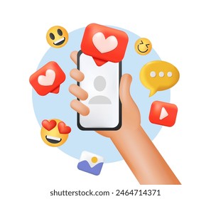 3d Realistic Hand Holding Mobile Smartphone with Likes, Emoji Notification Icons. Social Media Day Concept. Vector Illustration.