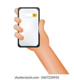 3d mano realista que sostiene el smartphone móvil. Concepto de Búsqueda. Ilustración vectorial.