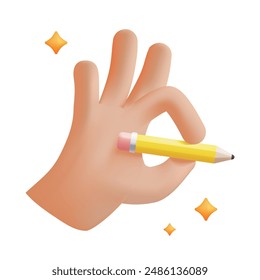 3d Realistic Hand Holding Pencil. Artist, Designer, Writer, Student, Journalist. Trendy Vector Illustration.