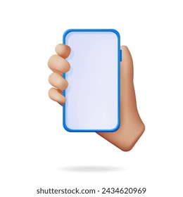 3d Realistic Hand Holding Smartphone with Empty Screen. Front View Smart Phone in Hand Mockup Render. 3D Telephone Blue Color. Modern Mobile Gadget Device Icon. Vector Illustration