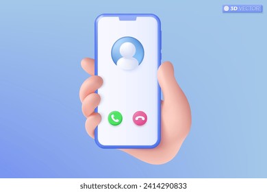 3d Realistic hand and mobile phone icon symbol. hand holding smart phone on pastel background, call or answer, Modern mockup concept. 3D vector isolated illustration, Cartoon pastel Minimal style.