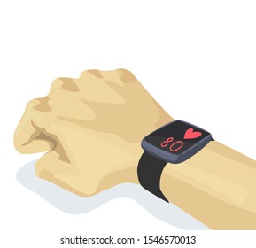 3D realistic hand with smart watches with heart rate measurement on white background