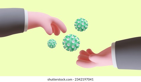 3d realistic hands holding different bacteria. Concept of 3d medicine. Protection against viruses and bacteria. Vector illustration with green background