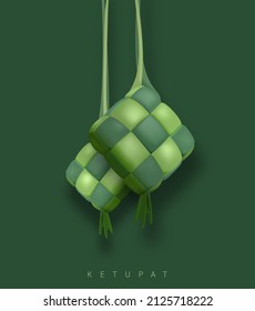 3D Realistic Hanging Green Ketupat In Solid Green Background. Ketupat Is Element For Ramadan And Eid Celebration In Indonesia And Malaysia