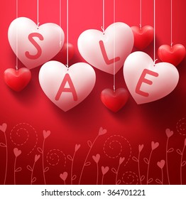 3D Realistic Hanging Heart Sale Balloons for Valentines Day Promotion in Red Background. Vector Illustration
