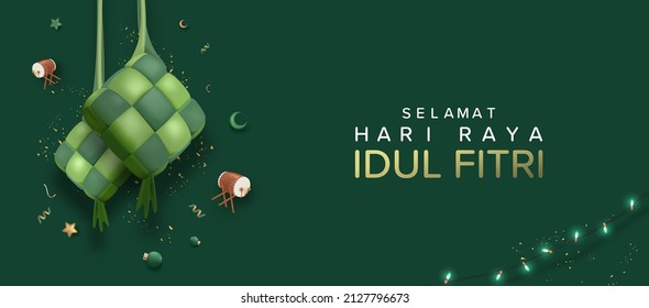 3D Realistic Hanging Ketupat in Green Monotone Background suitable for Eid Mubarak Template Vector Illustration