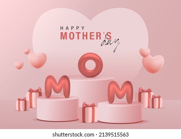 3D Realistic Happy Mother's Day Creative Concept for Greeting Card, Banner and Template. Mom balloon words with gift boxes Vector Illustration.