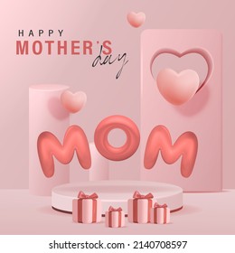 3D Realistic Happy Mother's Day Creative Concept for Greeting Card, Banner and Template. Mom balloon words with gift boxes Vector Illustration.