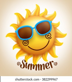 3D Realistic Happy Smiling  Cute Sun Vector with Colorful Sunglasses with Summer Title. Vector Illustration
