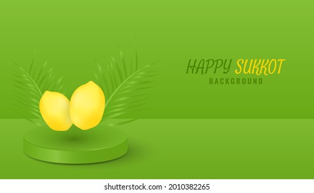 3d realistic happy sukkot background banner design with podium, etrog, and palm leaves vector illustration