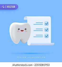 3D Realistic Happy Tooth Character with Diagnose Card. Kids Dental Examination