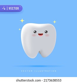 Ilustración de vector 3D feliz realista. Caricatura dental. Una linda mascota dentista. Dentaduras dentales y de salud oral. Herramienta de dentista médico.