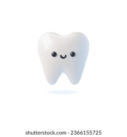 3D realistic happy white tooth. Good dental health conditions vector illustration. Funny cute smiling tooth render character. Orthodontic and dentistry 3d concept. Cartoon medical dentist mascot.