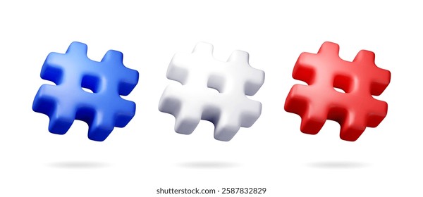 3d realistic hashtag symbol isolated on white. Render hash tag icon for social media. Chat message, communication, ad, search and online community. Blog and social network. Vector illustration