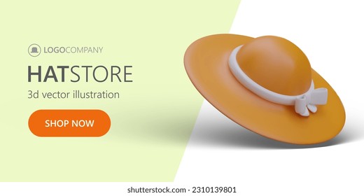 3d realistic hat and orange button shop now. Horizontal web page for online store, sale hats and headwear. Colorful vector illustration in cartoon style with green background