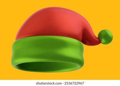 3d realistic hat of santa claus in vector minimal style. Festive bright element isolated on color background. Cartoon holiday illustration.