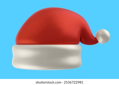 3d realistic hat of santa claus in vector minimal style. Festive bright element isolated on color background. Cartoon holiday illustration.