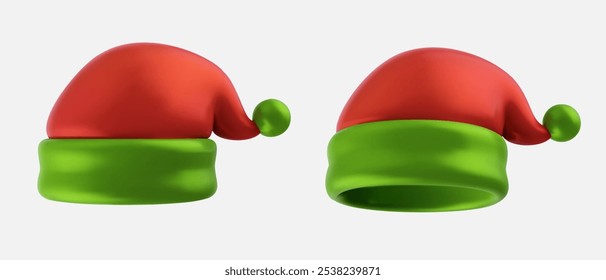 3d realistic hat of santa claus in vector minimal style. Festive bright element isolated on white background. Cartoon holiday illustration.