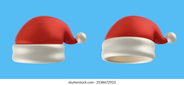 3d realistic hat of santa claus in vector minimal style. Festive bright element isolated on color background. Cartoon holiday illustration.