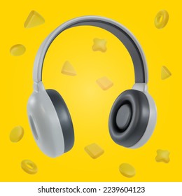 3d realistic headphones with geometric shapes in minimal funny cartoon style. Modern design element on vivid background. Vector illustration or icon.