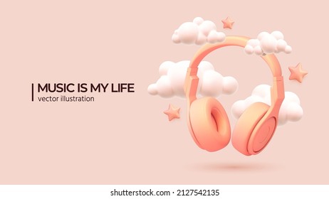 3D Realistic headphones in trendy color around the clouds and stars. Realistic object for music or game concept, poster design, flyer, website.
