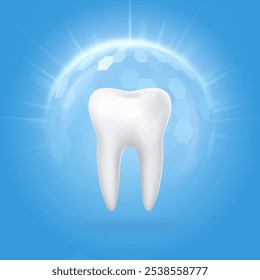 Dente saudável realista 3D com esfera de escudo de proteção. Conceito de medicina dentária da estomatologia. Cuidados dentários, branqueamento e proteção.