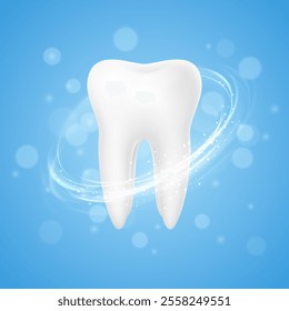 3d realistic healthy white tooth on blue background. Dental care, protection and whitening.