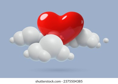 3D realistic heart in clouds on blue sky background. Romantic love heaven composition for Valentine's Day designs. Cartoon glossy plastic three dimensional vector objects.