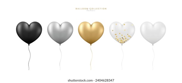 Globos de aire 3D con forma de corazón realista, Día de San Valentín, Diseño de cumpleaños, Antecedentes de aniversario de boda. Fiesta, decoración romántica festiva. Globo de helio brillante, ilustración vectorial plana.