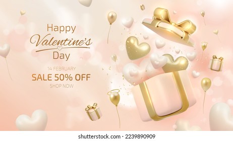 3d realistic heart shape in open gift box and balloons element and ribbon with glitter light effect decoration and bokeh. Valentine's day sale banner template background design.