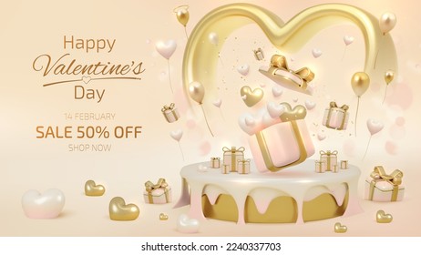 3d realistic heart shape in open gift box on podium and balloons element and ribbon with glitter light effect decoration and bokeh. Valentine's day sale banner template background design.