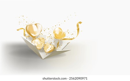 3d realistic heart shape in open gift box element and ribbon with glitter light effect decoration and bokeh. Valentine's day sale banner template background design.