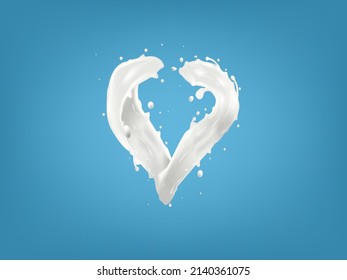 El Corazón Realista 3D Forma La Esplash De Leche Aislada En Fondo Azul. Vector EPS10