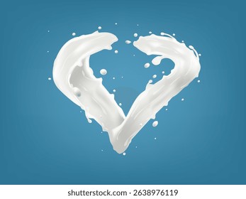 3D Realistic Heart Shapes Milk Splash Isolated On Blue Background. EPS10 Vector