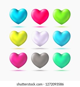 3D Realistic Hearts icon Set. Shiny Saint Valentine's Day holiday, Birthday web digital symbols isolated on white background. Vector Illustration