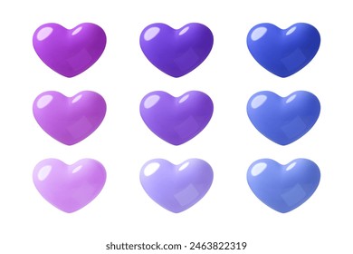 Conjunto de Ilustraciones vectoriales de corazones realistas 3d. Diferentes tonos de color púrpura y azul brillante plástico tridimensional como y el amor emoji. Elementos de diseño colección aislada sobre fondo blanco. 