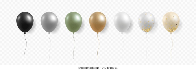 3D-realistische Heliumballons gesetzt. Einzeln auf transparentem Hintergrund. Hochzeitstag, Valentinstag, Geburtstagsfeier, Festspieldekoration. Glossy metallischer goldener Ballon. Vektorgrafik.