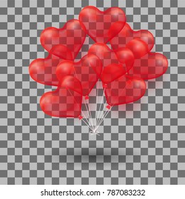 3d Realistic helium heart red Balloon. Holiday illustration of bunch of flying glossy balloon. Isolated on transparent Background. Vector Illustration Eps10