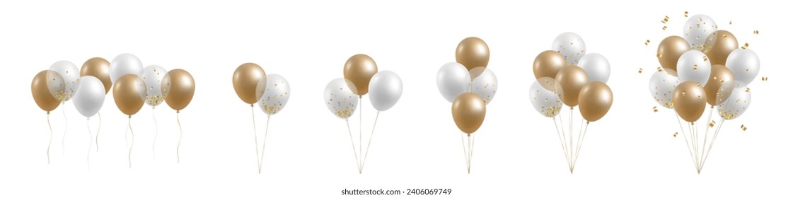 Juego de globos transparentes de helio 3D realistas. Aislado sobre fondo blanco. Apertura, Tarjeta, Fiesta, Volante, Afiche, Decoración, Cartel, Web, Publicidad. Balón dorado metálico brillante. Ilustración vectorial.