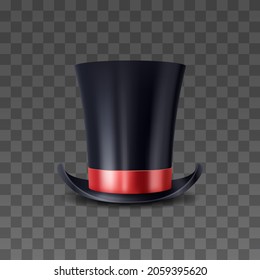 3d realistic high cap with red ribbon. Magical magician hat isolated on transparent background. Illusionist black cylinder for tricks and miracles. Vector illustration