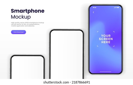 3D realistic high quality smartphone mockup isolated with white blank screen. Smart phone mockup collection. Device front view. 3D mobile phone with shadow on white background.