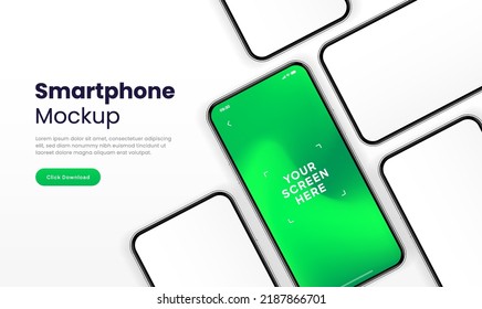 3D realistic high quality smartphone mockup isolated with white blank screen. Smart phone mockup collection. Device front view. 3D mobile phone with shadow on white background.