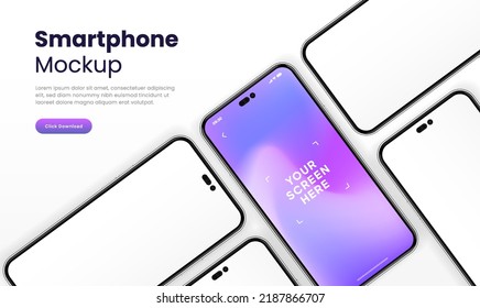 3D realistic high quality smartphone mockup isolated with white blank screen. Smart phone mockup collection. Device front view. 3D mobile phone with shadow on white background.