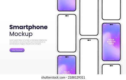 3D realistic high quality smartphone mockup isolated with white blank screen. Smart phone mockup collection. Device front view. 3D mobile phone with shadow on white background.