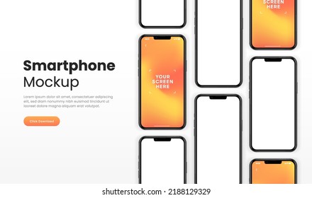 3D realistic high quality smartphone mockup isolated with white blank screen. Smart phone mockup collection. Device front view. 3D mobile phone with shadow on white background.